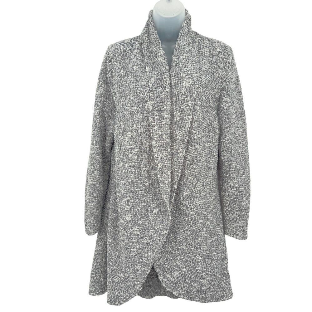Eilleen Fisher Open Front Cardigan Women Large Grey White Knit Cotton Blend Long